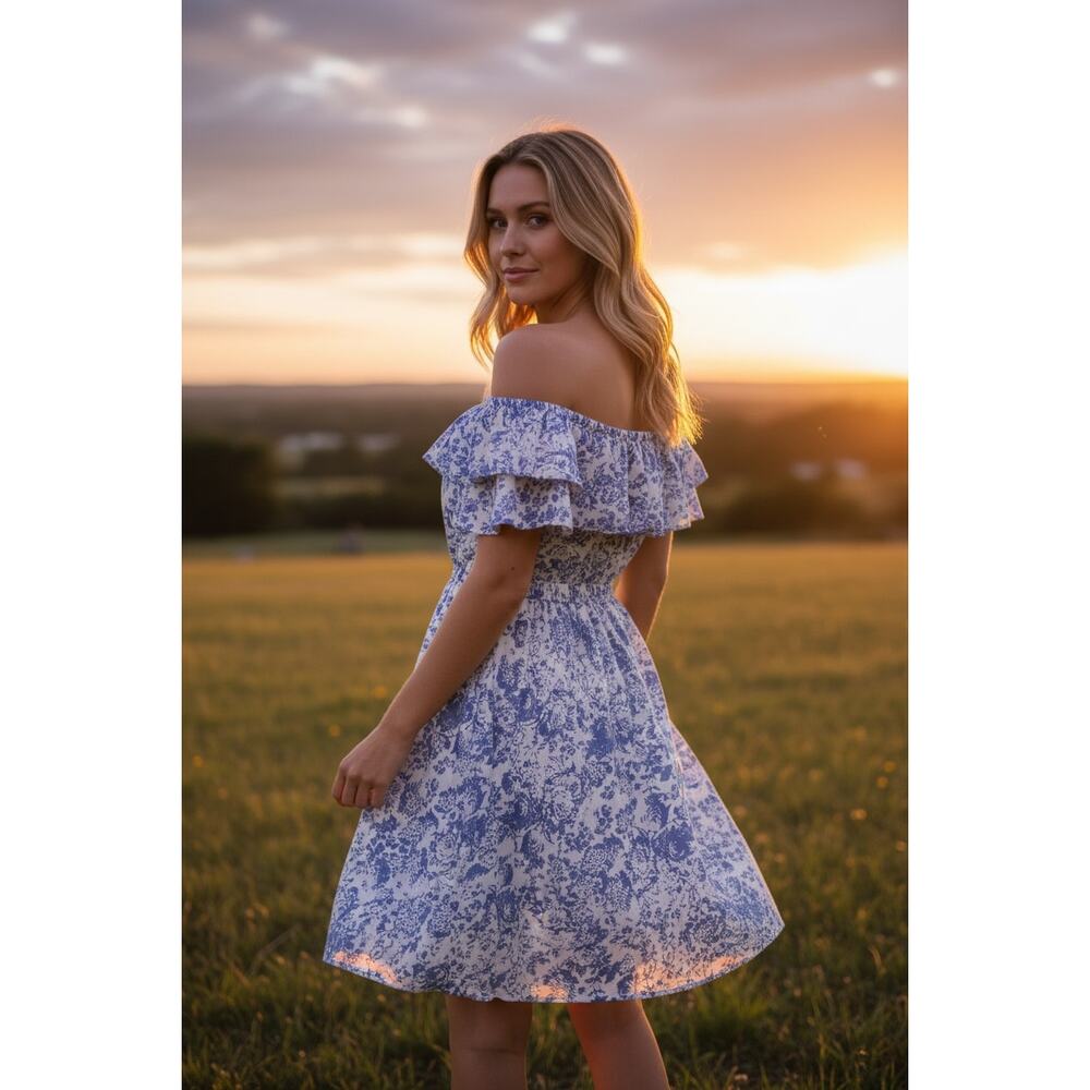 Kookai Linen Off Shoulder Mini Dress Blue White Floral Ruffle Size 36 XS S